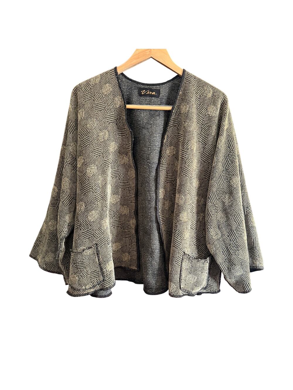 Vintage Vera Taupe and Black Textured Artsy Cropped Kimono Art to wear One Size